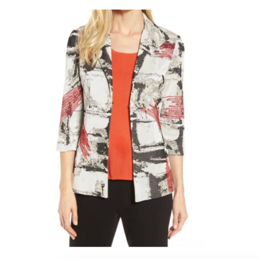 Ming Wang abstract colorful knit open blazer